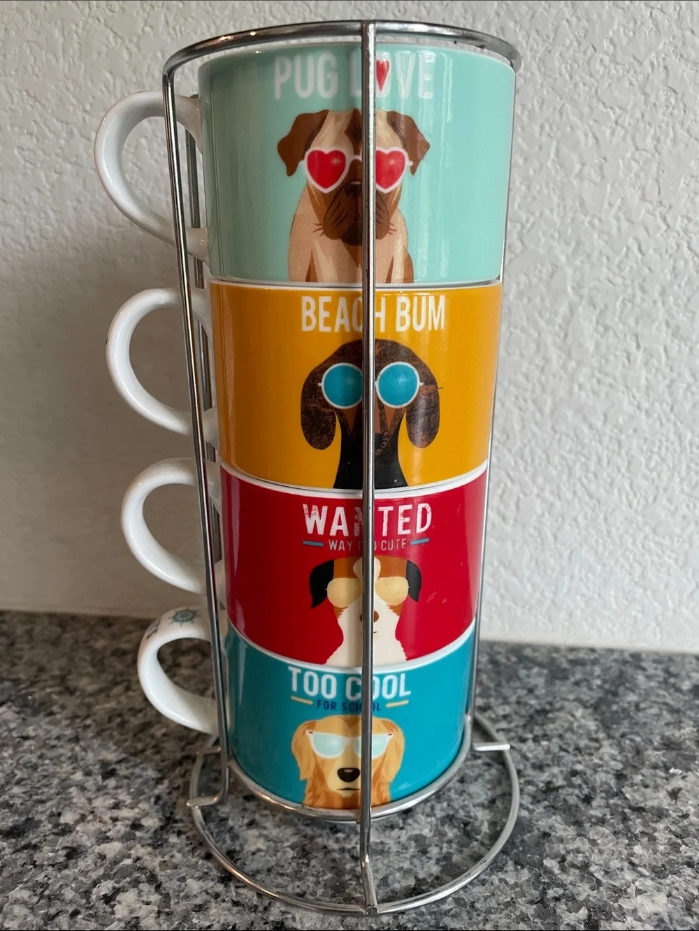 Pier 1 Stackable Dog Face Espresso Mugs in Mint, Yellow, Red, Teal